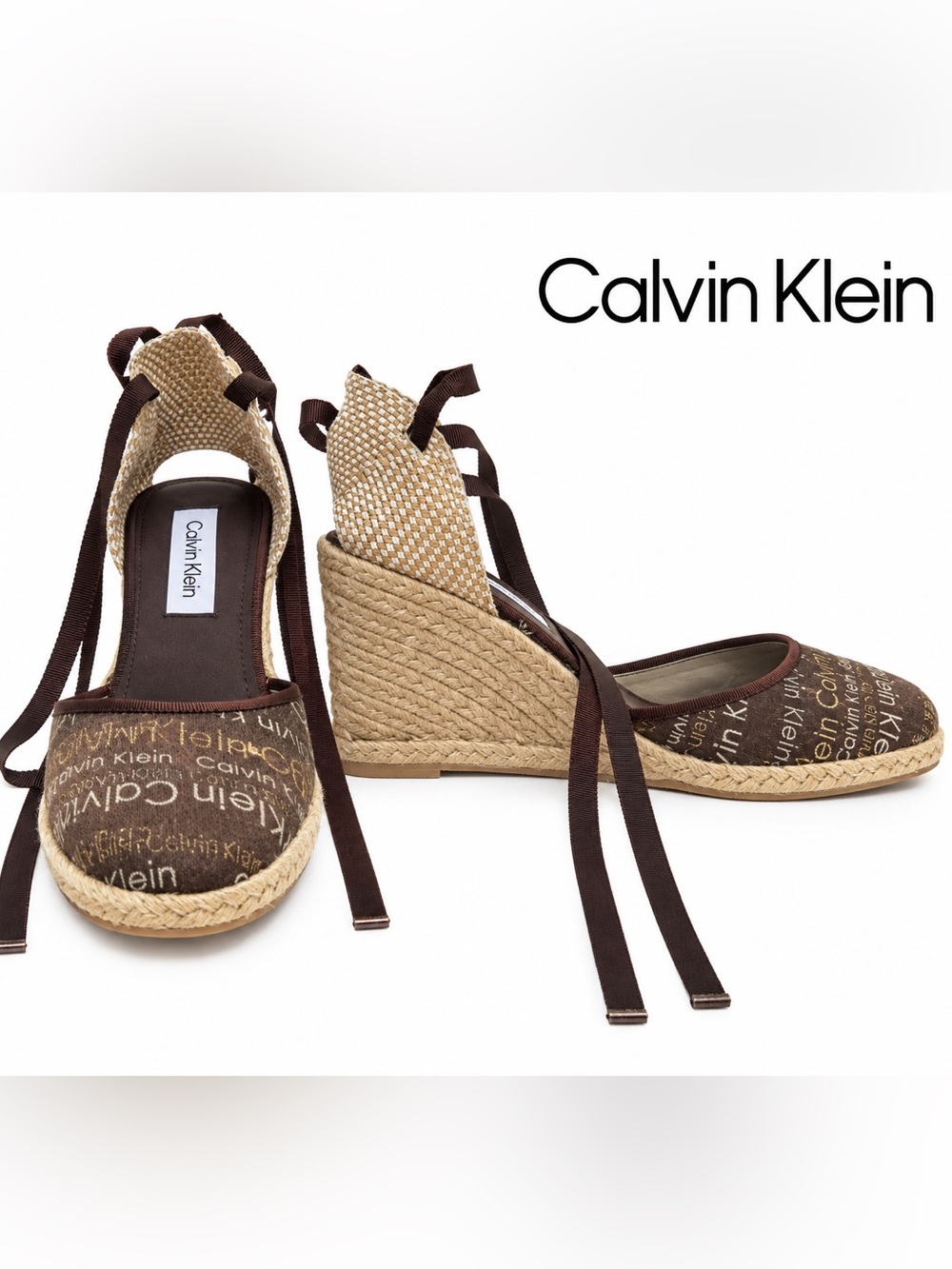 Calvin Klein Brown Logo Espadrille Wedges with Ankle Ties